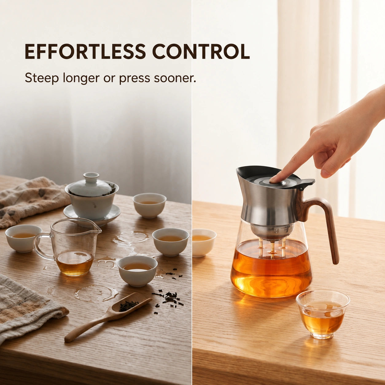 Pressing the teapot button after steeping to control tea strength