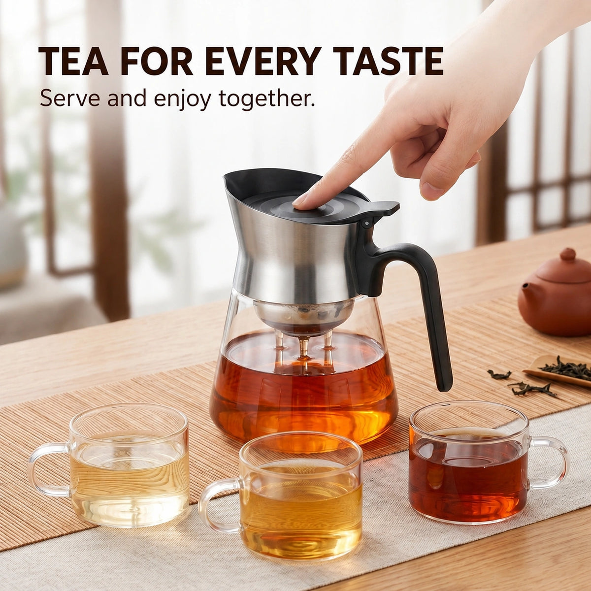 PressBrew teapot serving several cups of tea