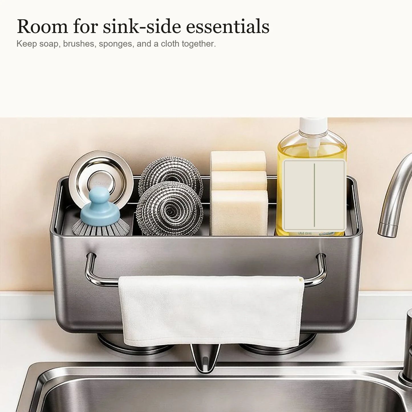 Sink organizer holding soap, brushes, sponges, and a dishcloth