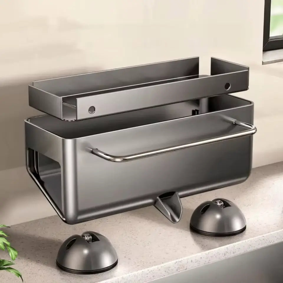 Sink organizer body rail inner tray and suction cup components