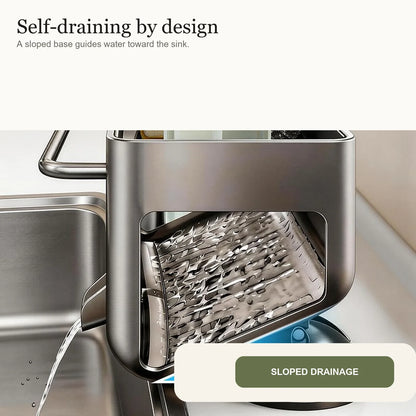 Sloped base directs water from the sink organizer toward the basin