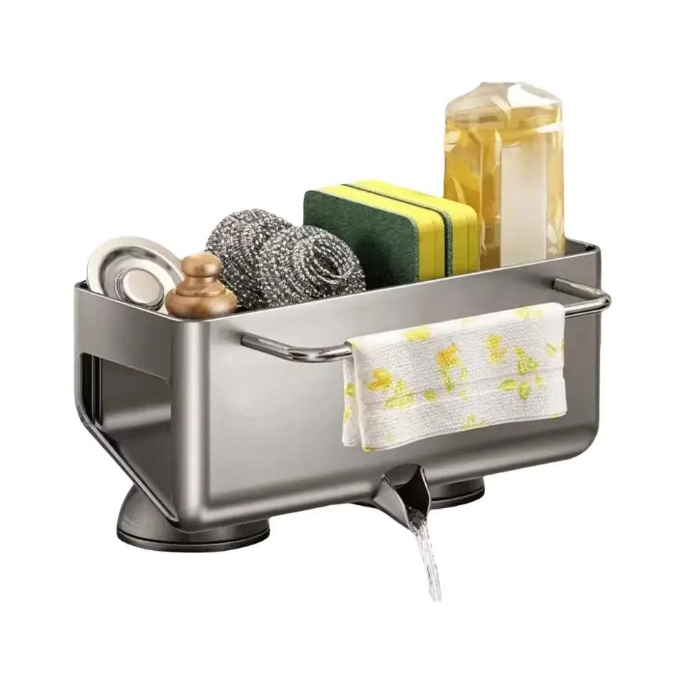 Gun gray organizer holding soap sponges brush and cloth