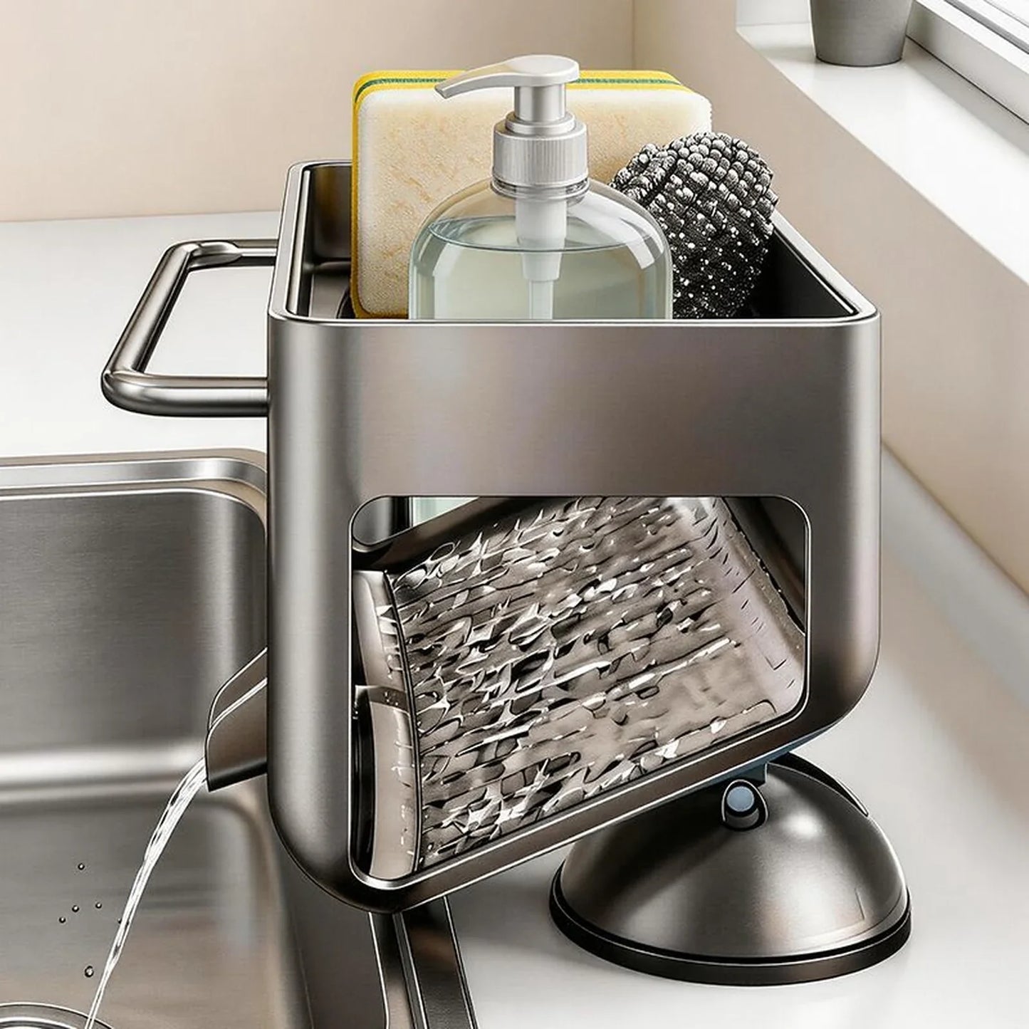 Self-draining sink organizer in gun gray beside a kitchen sink