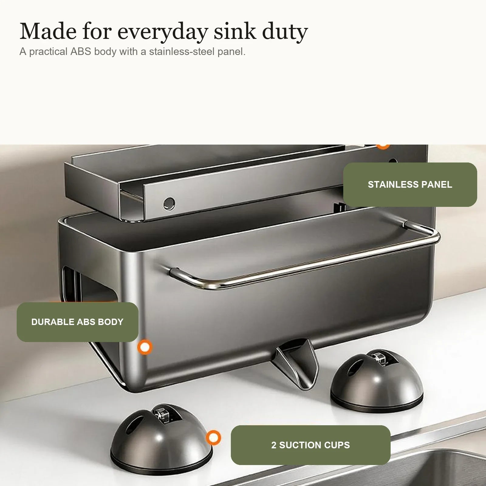 ABS sink organizer body, stainless steel panel, and suction cups