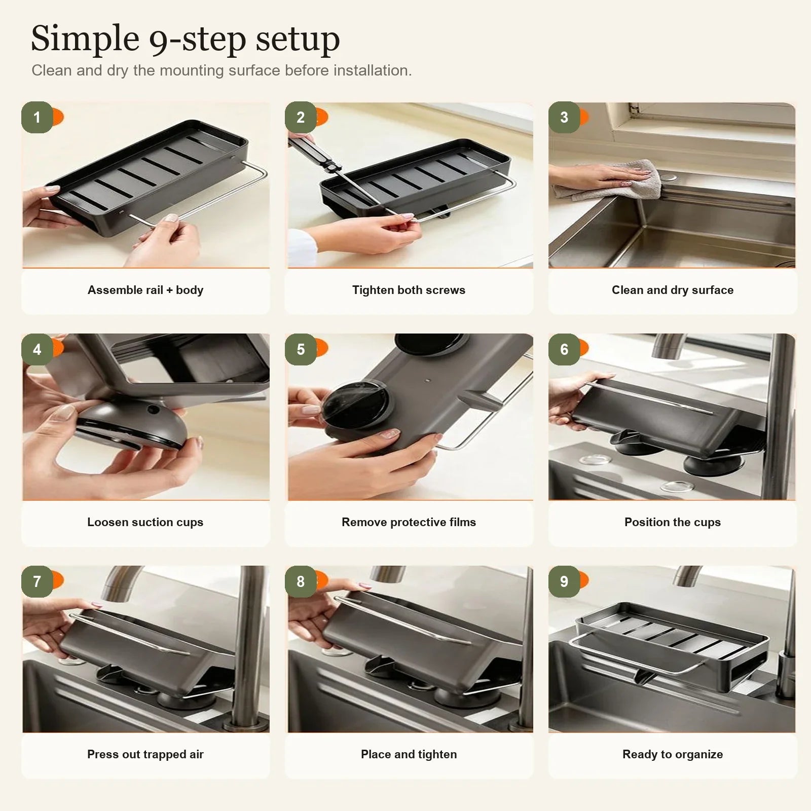 Nine-step installation guide for the suction-mounted sink organizer