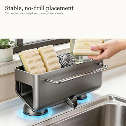 Sink organizer secured with two no-drill suction cups