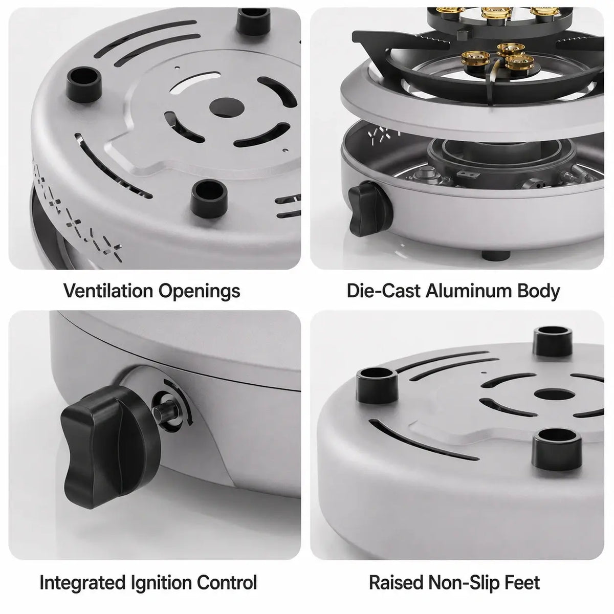 Ventilation aluminum body ignition control and non-slip feet