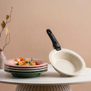Stack and Serve ceramic pan set in ivory, blush and sage