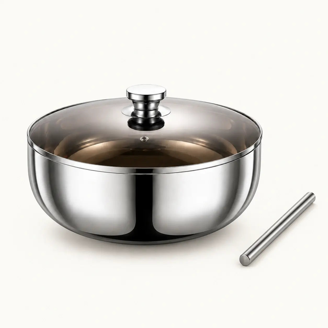 Stainless steel mixing bowl with glass lid and stainless rolling pin