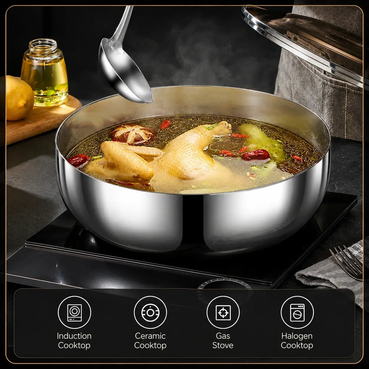 Stainless steel bowl used for soup on a cooktop