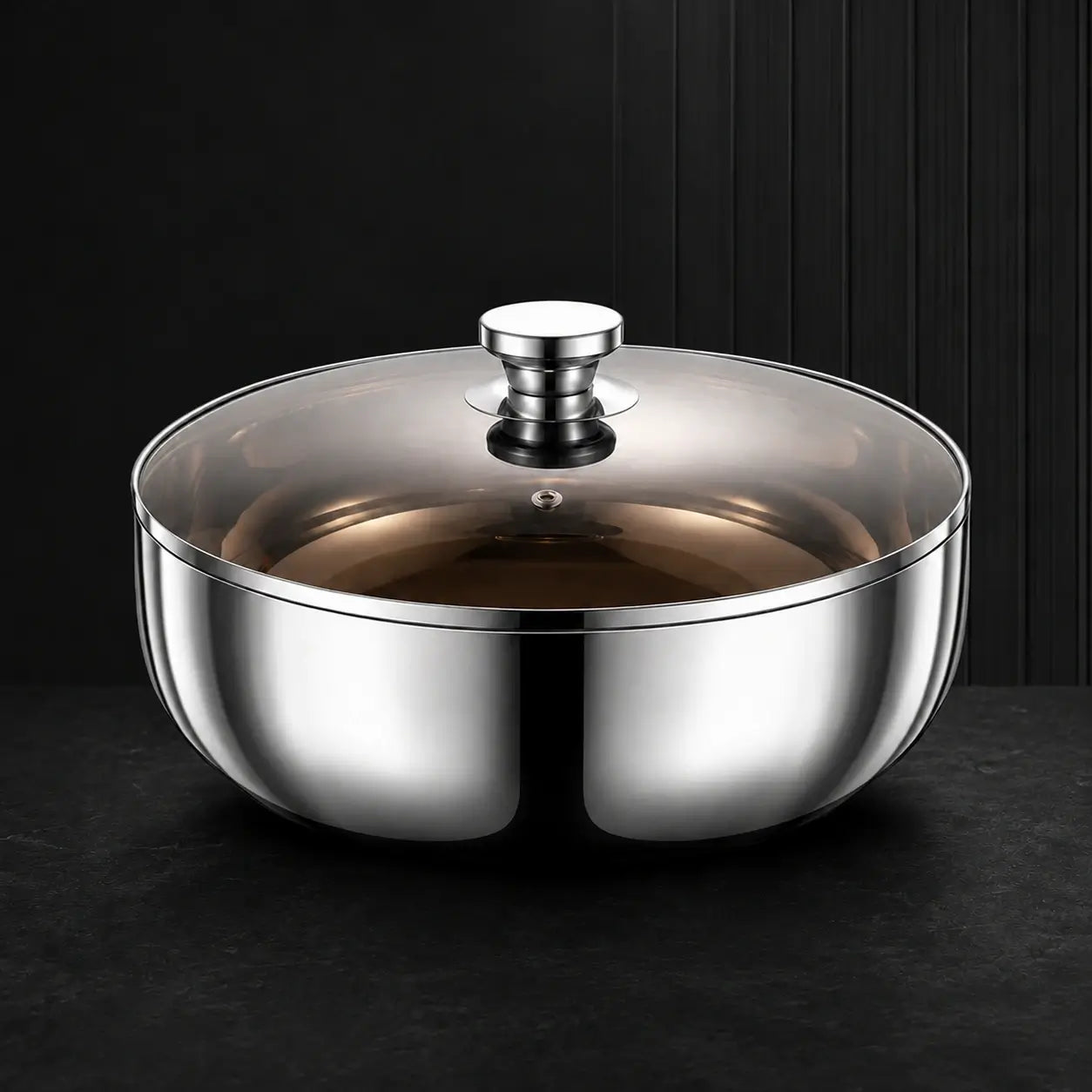 Polished stainless steel mixing bowl with smoky glass lid on a dark surface