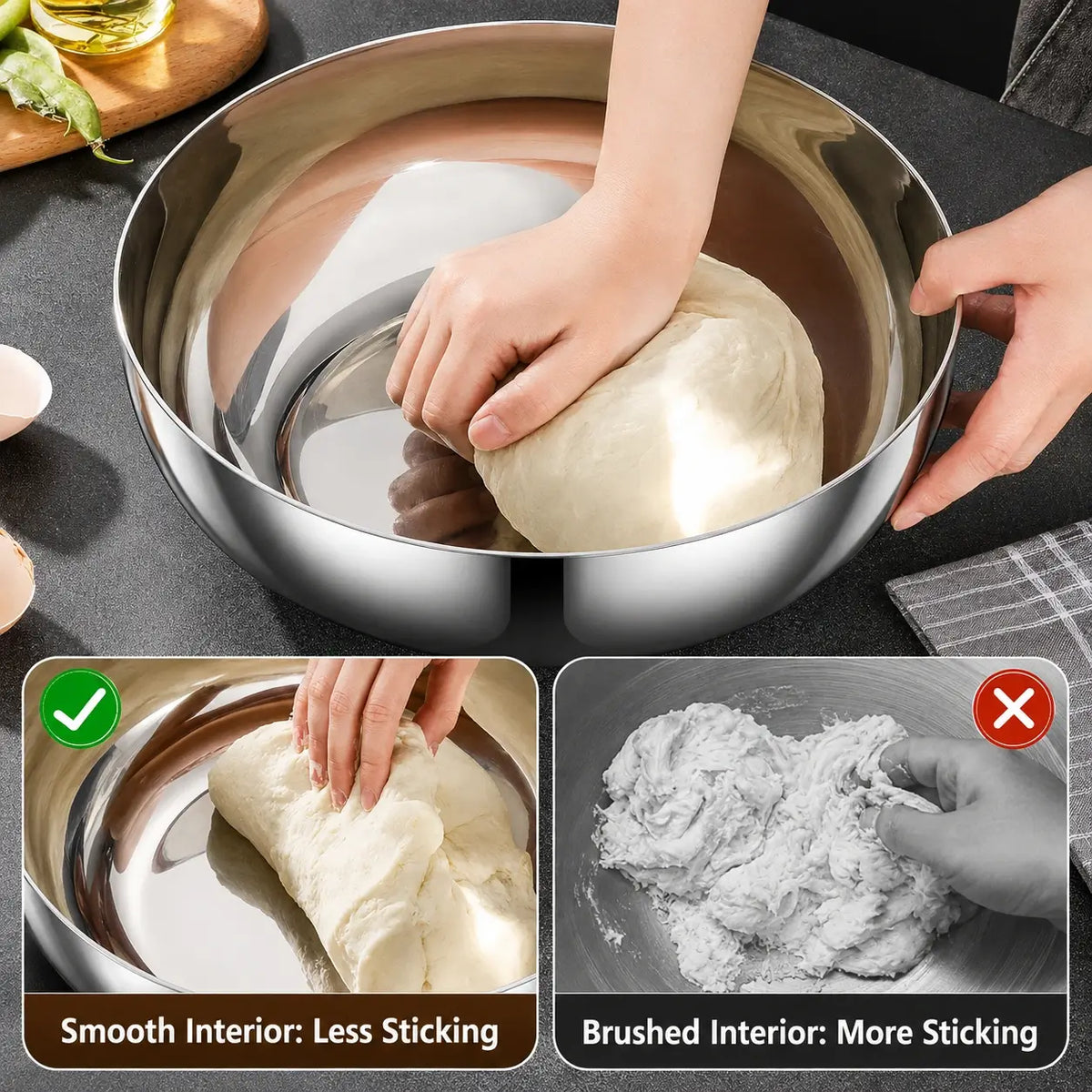 Comparison between smooth polished and brushed bowl interiors for dough