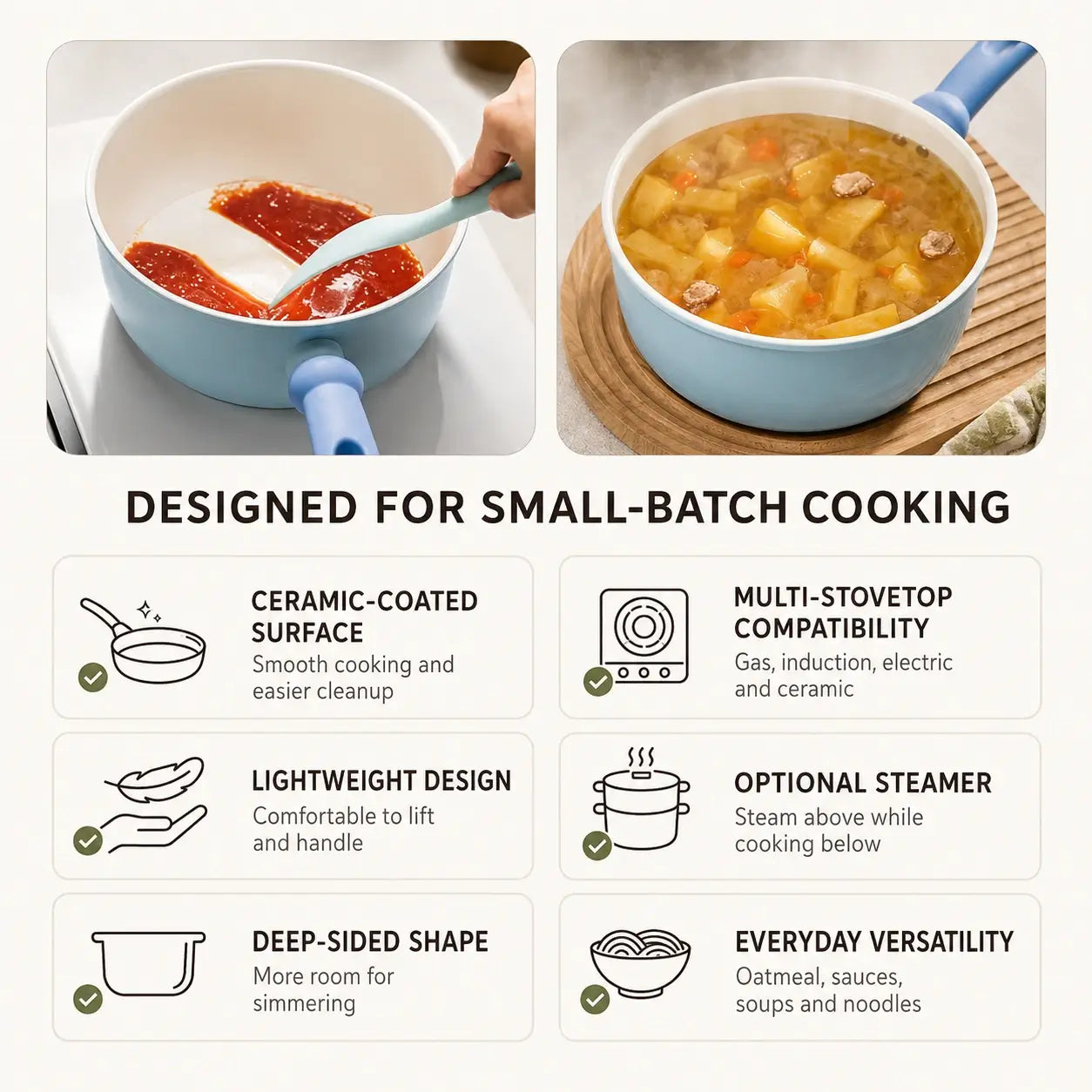 Small-batch cooking features of the Little Blue Ceramic Pot