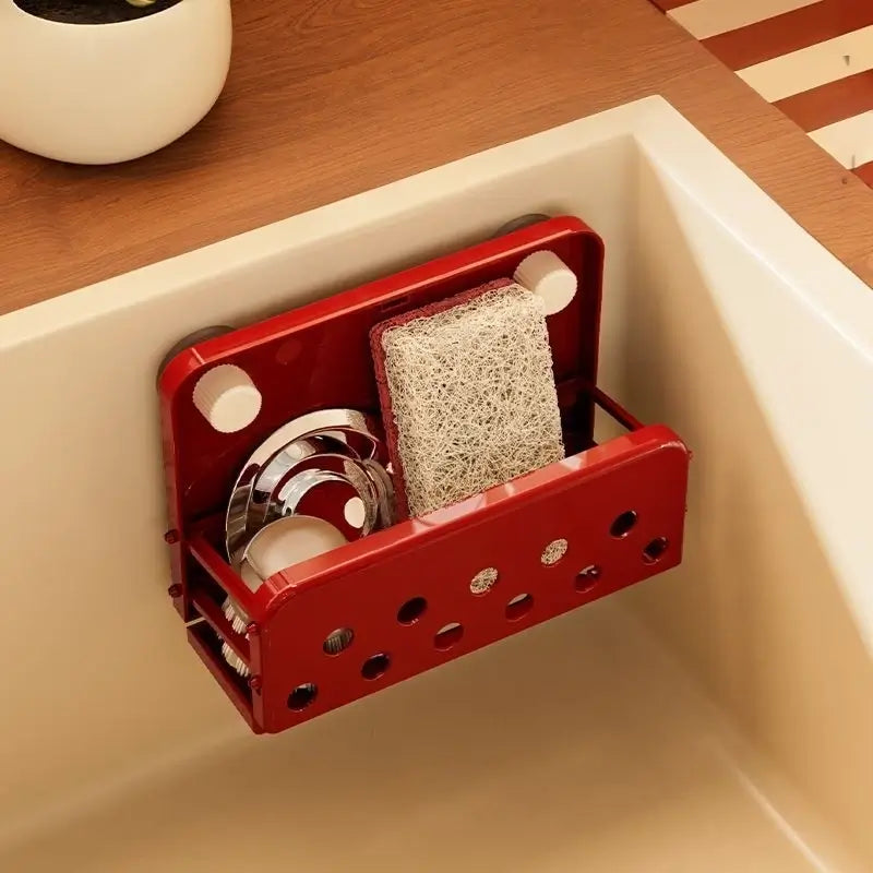 Vintage Red FoldAway Sink Caddy holding sponge and sink tools