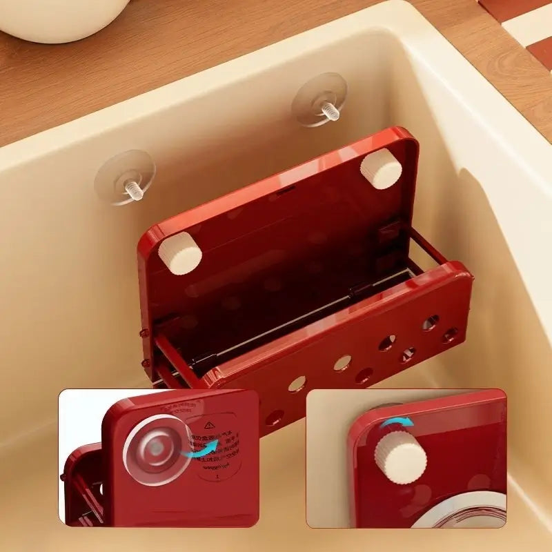 Suction cup installation and locking knobs on the sink caddy