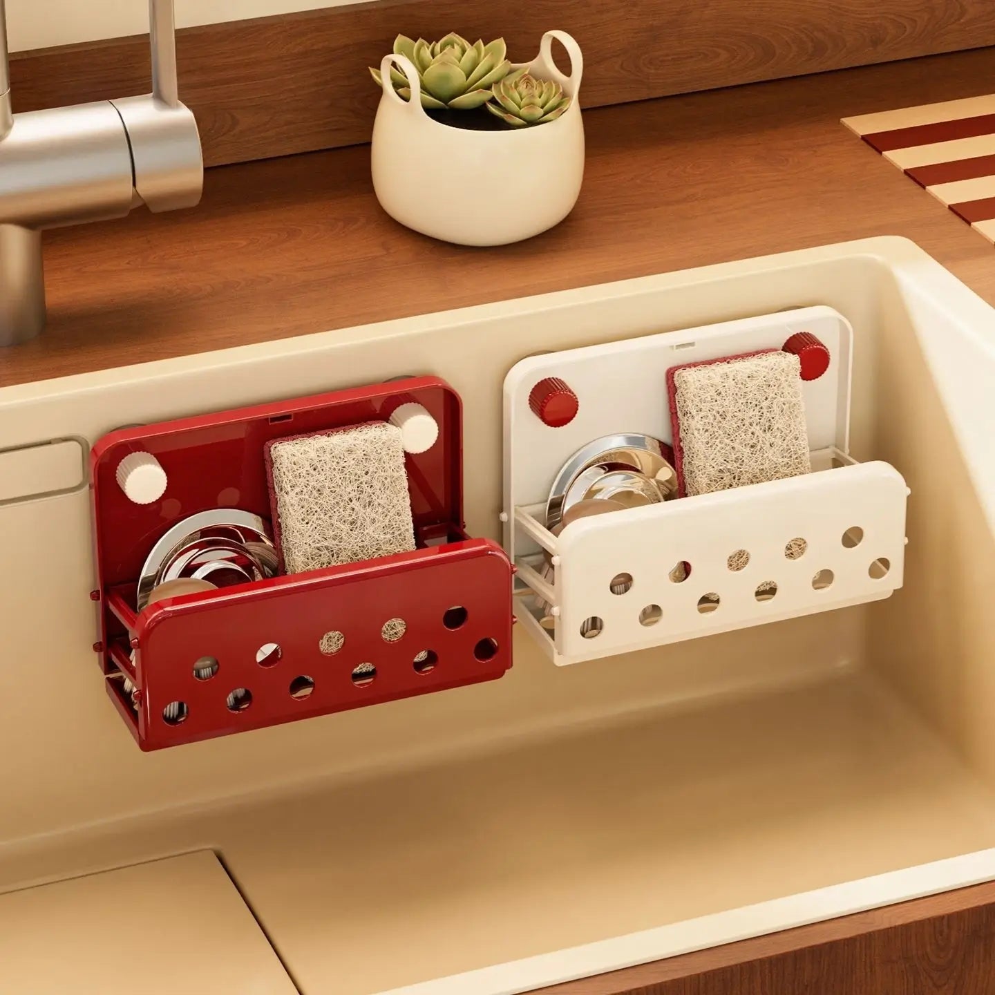Vintage red and off-white color options mounted inside a sink