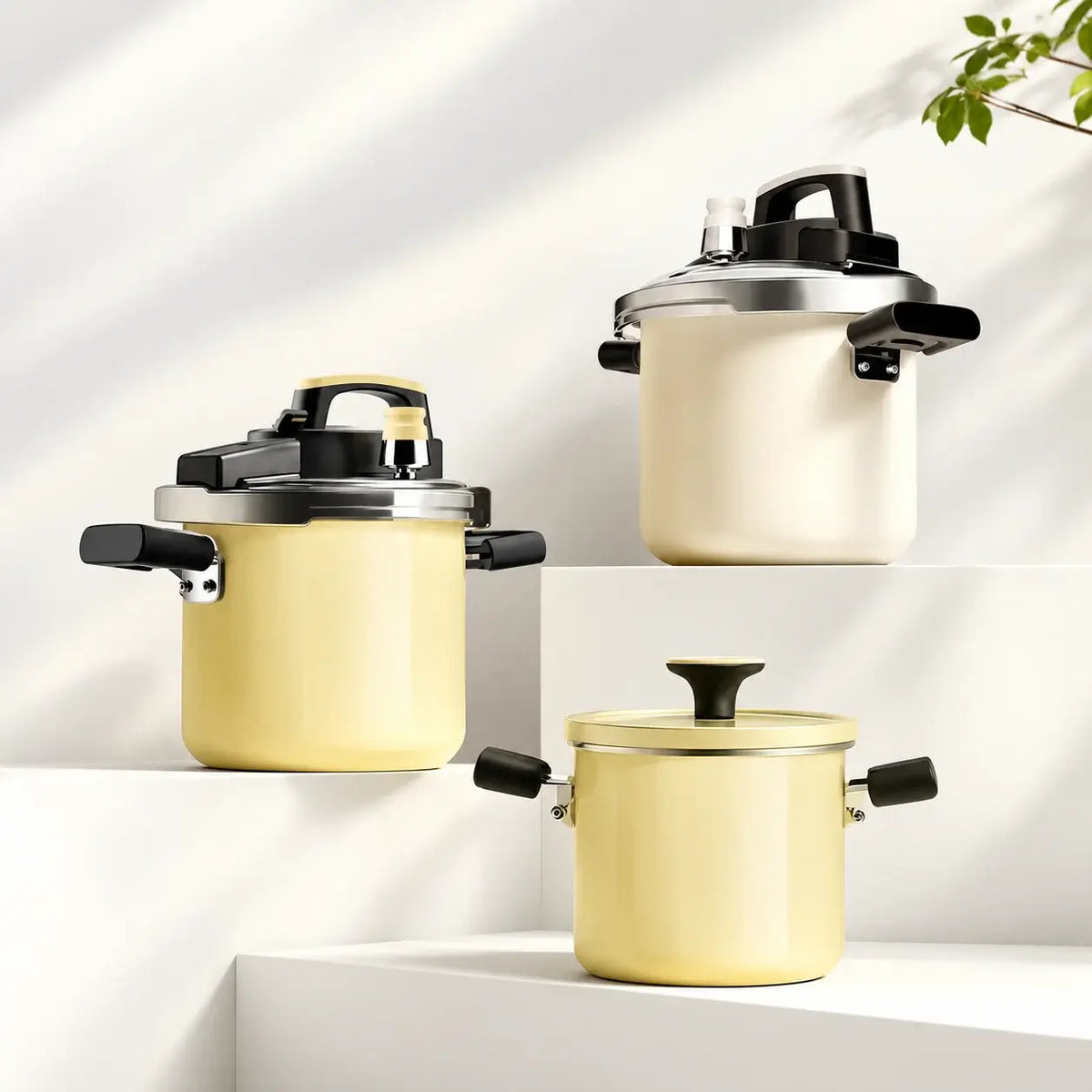 Illustrative arrangement of pressure cookers in yellow and cream with different lid views; the selected product is one yellow cooker.