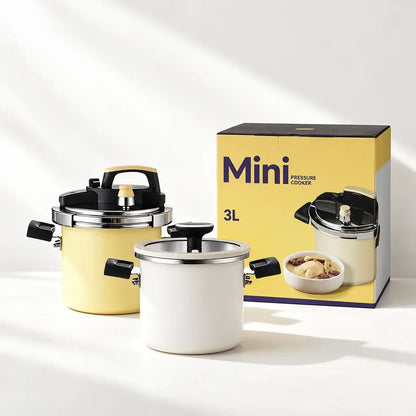 Illustrative yellow and cream pressure cookers beside Mini 3L packaging; the selected product is one yellow cooker.