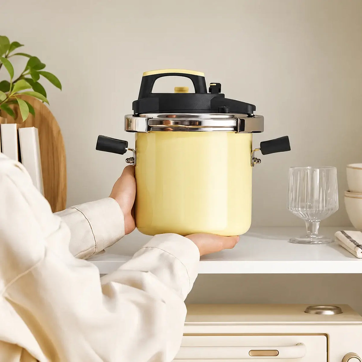 Yellow compact pressure cooker held beside a kitchen shelf.