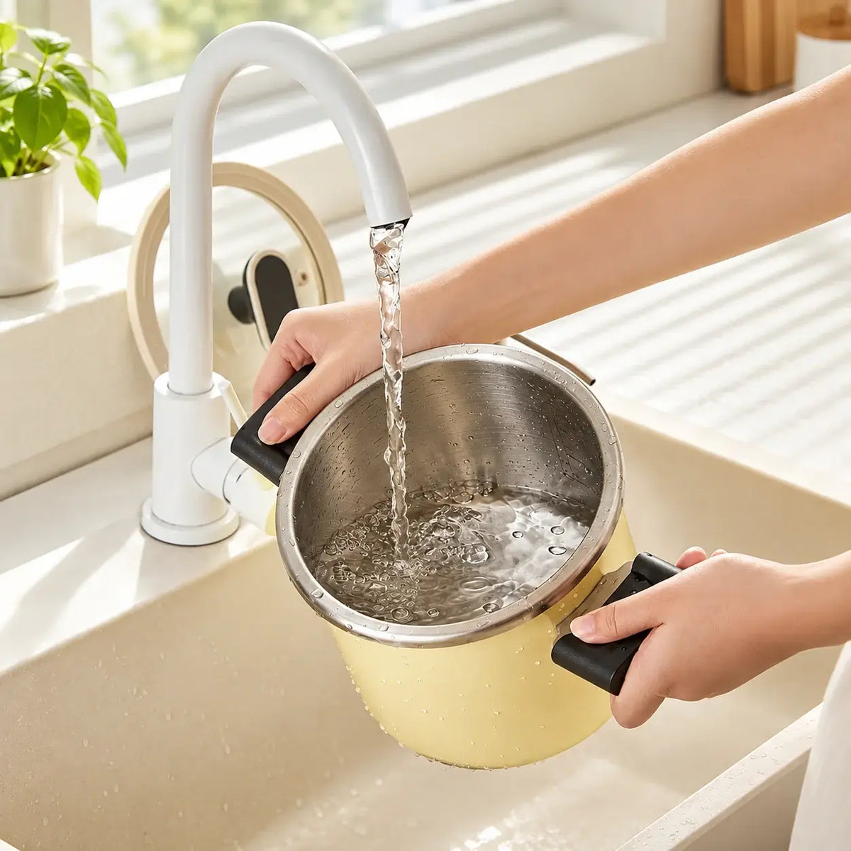 Open yellow cooker being rinsed at a kitchen sink, showing the stainless-steel interior.