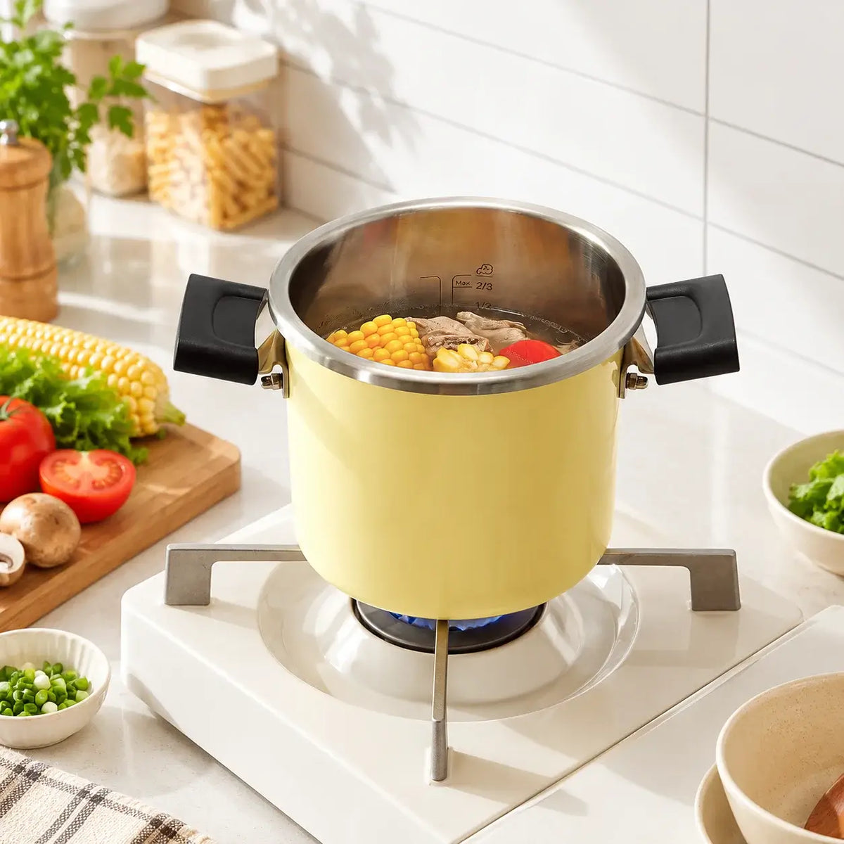 Open yellow cooker with vegetables on a gas stovetop.