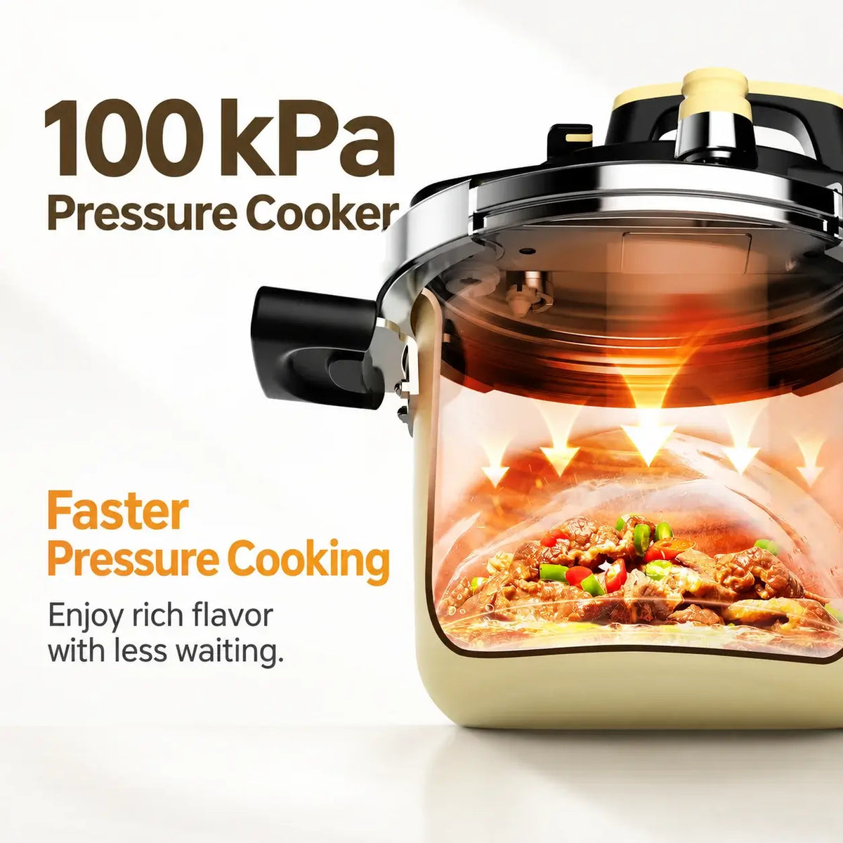 Illustrative cutaway of the yellow cooker with the seller-listed 100 kPa operating-pressure specification.