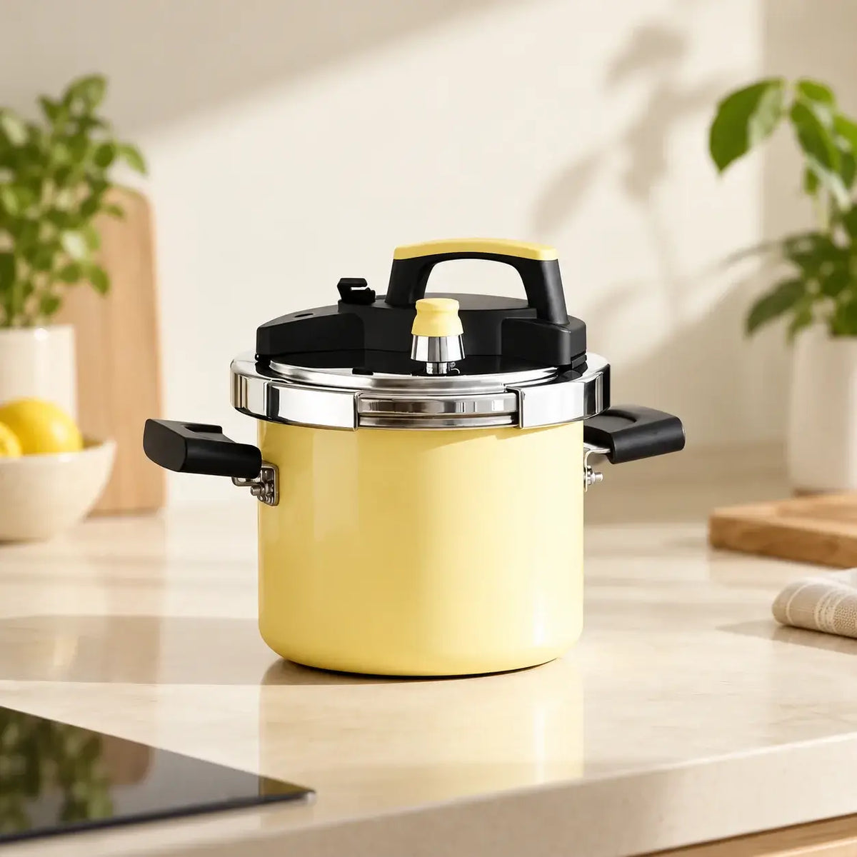 Closed yellow pressure cooker on a sunlit kitchen counter.