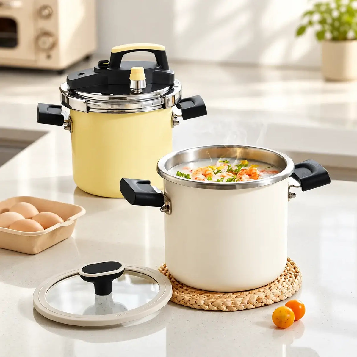 Illustrative yellow and cream cookware with a separate glass lid; one yellow cooker with a pressure lid and glass lid is included.