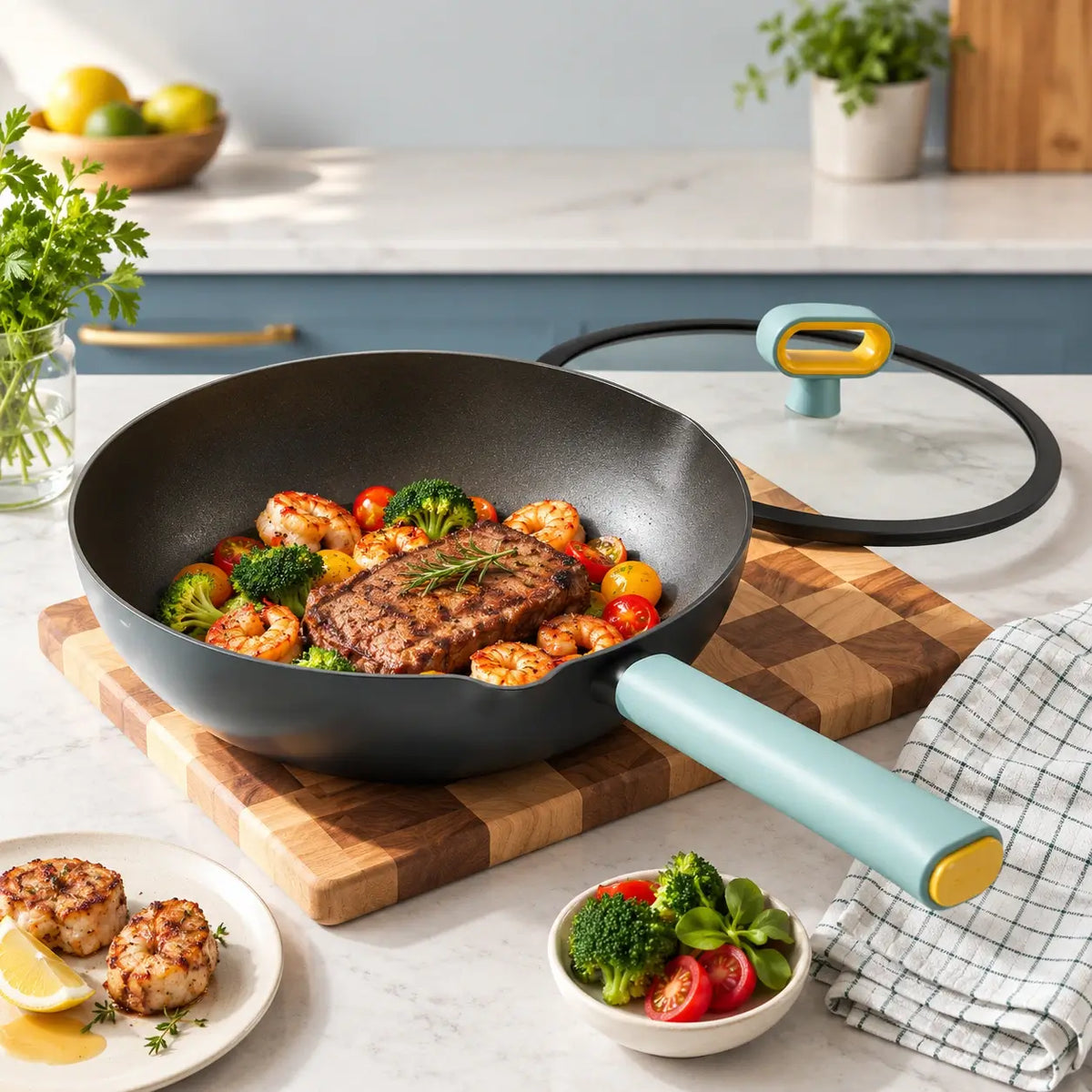 Finished meal served in the pan, with vegetables and lid alongside