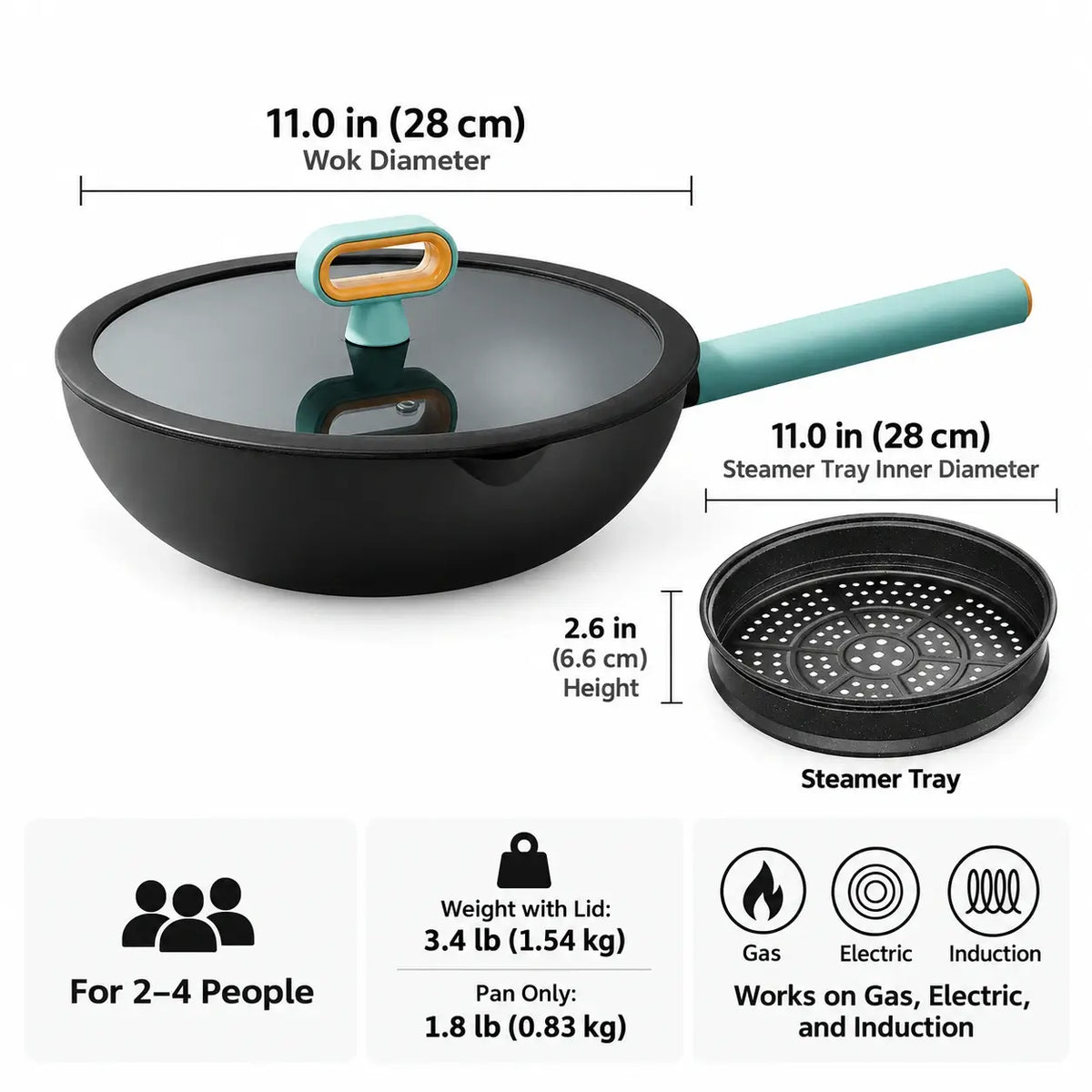 11 in (28 cm) pan, matching steamer and lid with dimensions and weights