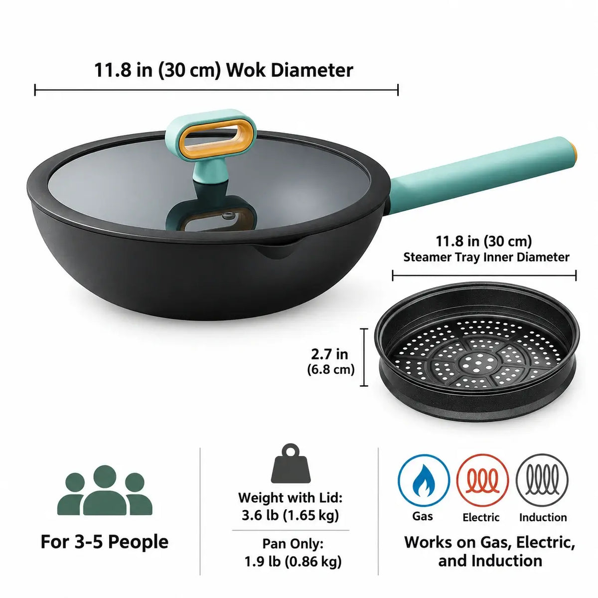 11.8 in (30 cm) pan, matching steamer and lid with dimensions and weights