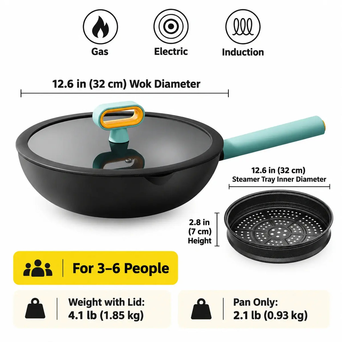 12.6 in (32 cm) pan, matching steamer and lid with dimensions and weights
