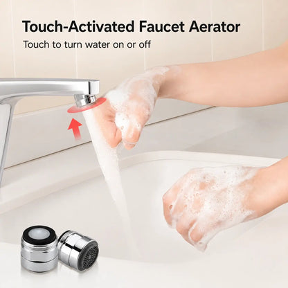 Touch-activated faucet aerator pausing water beneath a bathroom faucet