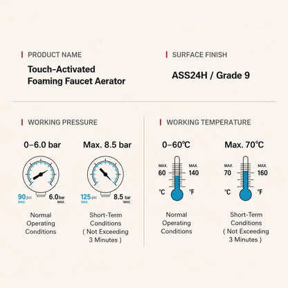 Working pressure and temperature specifications for the touch control faucet aerator