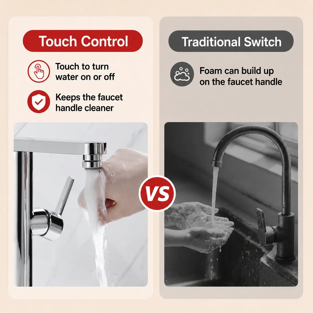 Touch control faucet aerator compared with a traditional faucet handle